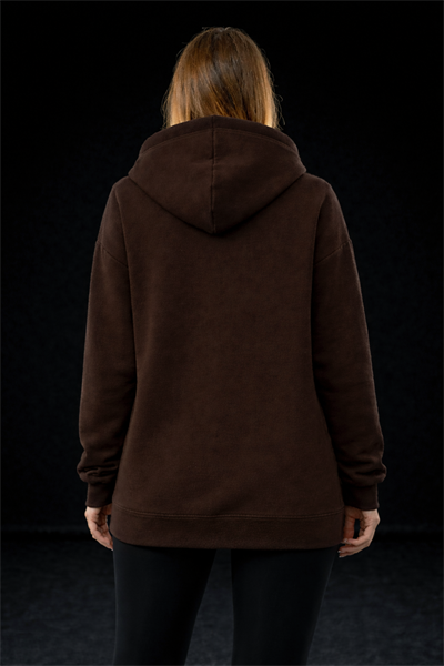 Kadın Kahve Oversize Salaş Şardonlu Pamuk 3 İplik Penye Kapüşonlu Kanguru Cepli Sweatshirt