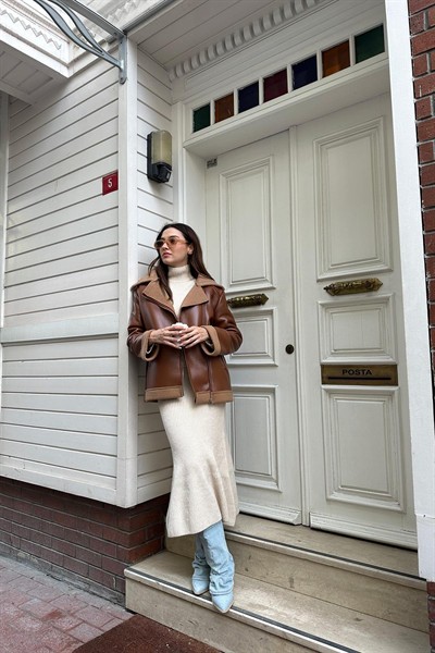 Kadın Kahve Premium Kıvırcık Laminasyonlu Suni Deri Uzun Mont