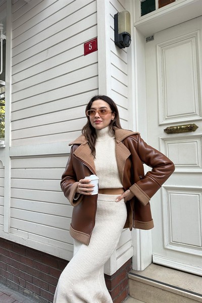 Kadın Kahve Premium Kıvırcık Laminasyonlu Suni Deri Uzun Mont