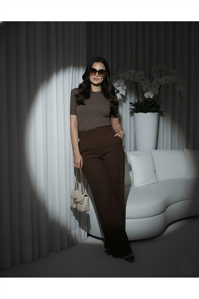 Kadın Kahve Premium Pileli Yüksek Bel Bol Paça Cepli Palazzo Pantolon
