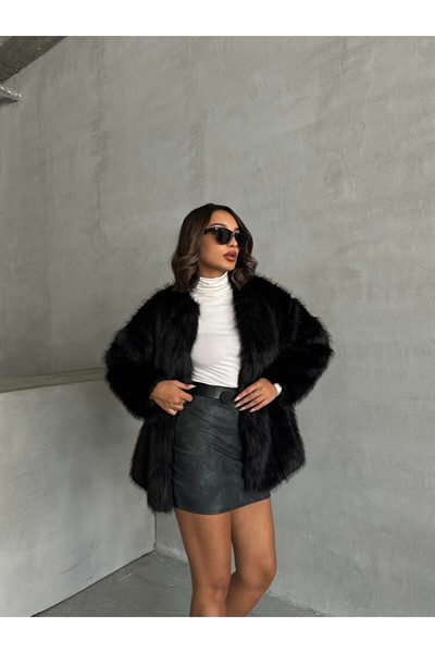 Kadın Siyah Premium Yumuşak Dokunuşlu Peluş Astarlı Orta Boy Suni Kürk Ceket