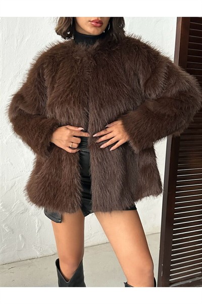 Kadın Kahverengi Premium Yumuşak Dokunuşlu Peluş Astarlı Orta Boy Suni Kürk Ceket