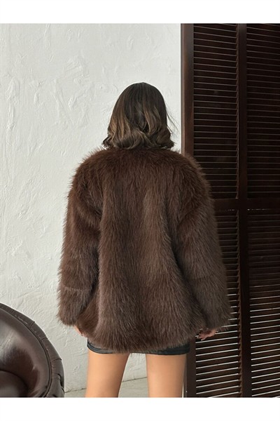 Kadın Kahverengi Premium Yumuşak Dokunuşlu Peluş Astarlı Orta Boy Suni Kürk Ceket