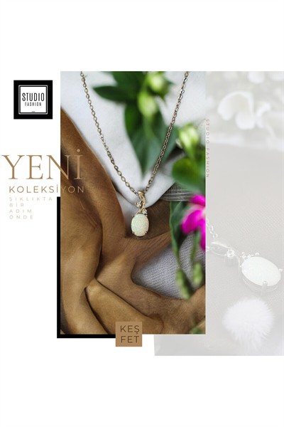 Kadın Kararmaz Kuyumcu Vip Çelik Premium Rodyum Kaplama Zirkon Opal Taşlı Tasarım Kolye