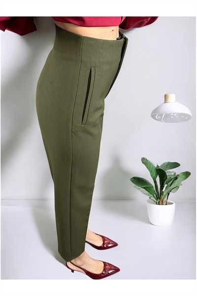 Kadın Karol Haki Premium Önü Flatolu Biyeli Yüksek Bel Zr Model Kumaş Boru Paça Havuç Pantolon