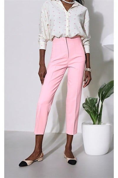 Kadın Pembe Karol Premium Önü Flatolu Biyeli Yüksek Bel Zr Model Kumaş Boru Paça Havuç Pantolon