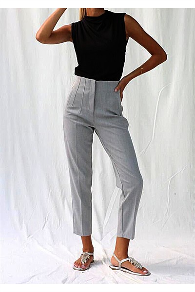 Kadın Gri Karol Premium Önü Flatolu Biyeli Yüksek Bel Zr Model Kumaş Boru Paça Havuç Pantolon