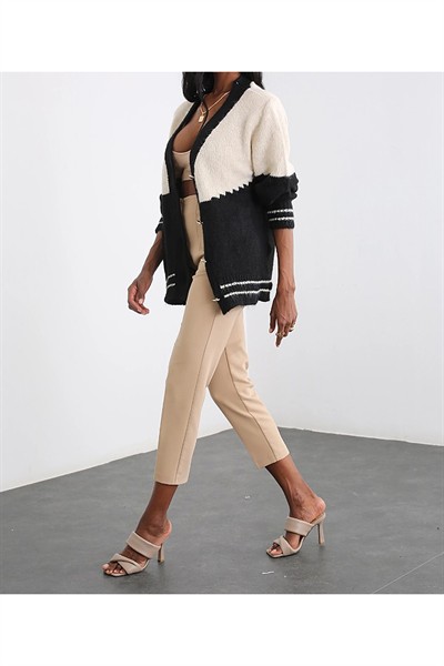 Kadın Karol Bej Premium Önü Flatolu Biyeli Yüksek Bel Zr Model Kumaş Boru Paça Havuç Pantolon