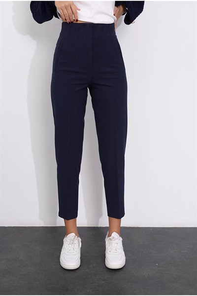 Kadın Lacivert Karol Premium Önü Flatolu Biyeli Yüksek Bel Zr Model Kumaş Boru Paça Havuç Pantolon