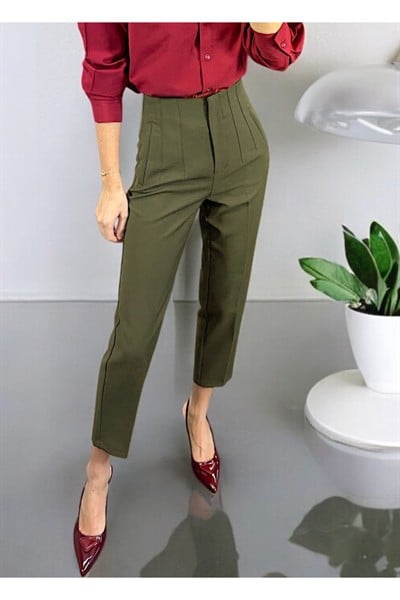 Kadın Karol Haki Premium Önü Flatolu Biyeli Yüksek Bel Zr Model Kumaş Boru Paça Havuç Pantolon