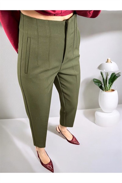 Kadın Karol Haki Premium Önü Flatolu Biyeli Yüksek Bel Zr Model Kumaş Boru Paça Havuç Pantolon