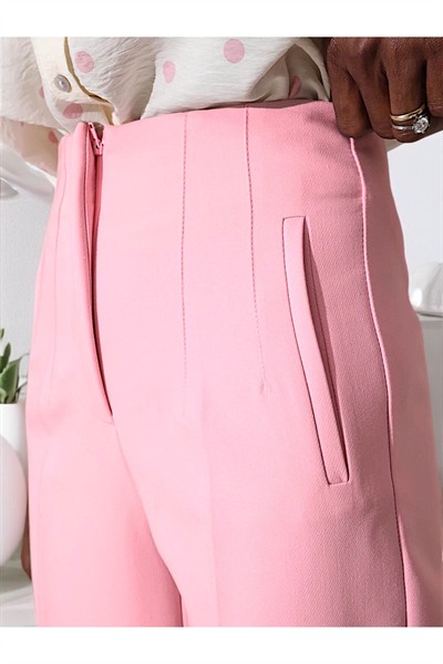 Kadın Pembe Karol Premium Önü Flatolu Biyeli Yüksek Bel Zr Model Kumaş Boru Paça Havuç Pantolon
