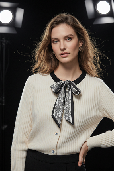 Kadın Kemik-Siyah Fularlı Triko Hırka