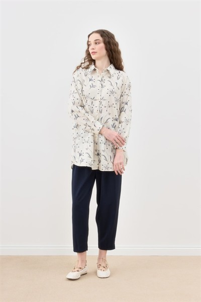 Kadın Krem Kendinden Nakışlı Rustik İşlemeli Dokulu Ham Pamuk Gömlek