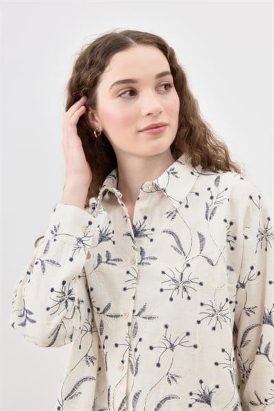 Kadın Krem Kendinden Nakışlı Rustik İşlemeli Dokulu Ham Pamuk Gömlek