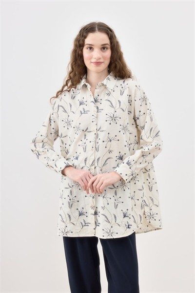 Kadın Krem Kendinden Nakışlı Rustik İşlemeli Dokulu Ham Pamuk Gömlek