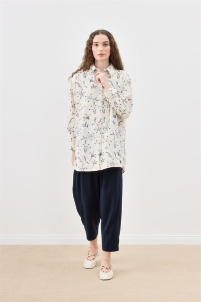 Kadın Krem Kendinden Nakışlı Rustik İşlemeli Dokulu Ham Pamuk Gömlek