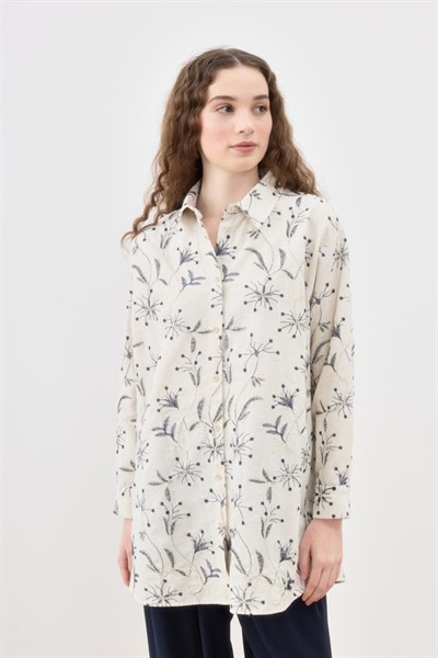 Kadın Krem Kendinden Nakışlı Rustik İşlemeli Dokulu Ham Pamuk Gömlek