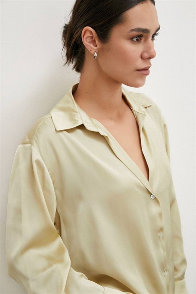 Kadın Koyu Ekru Yeni Sezon Basic Saten Gömlek