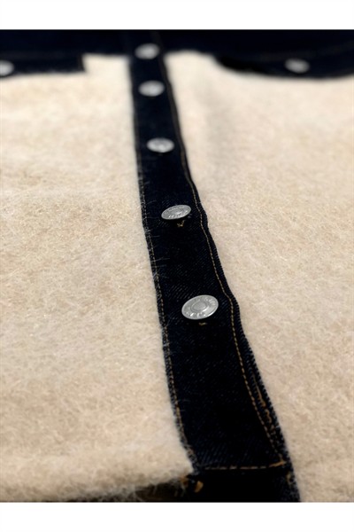 Kadın Koyu Lacivert Denim Detaylı Düğmeli Yaka %100 Pamuk Buklet Ceket