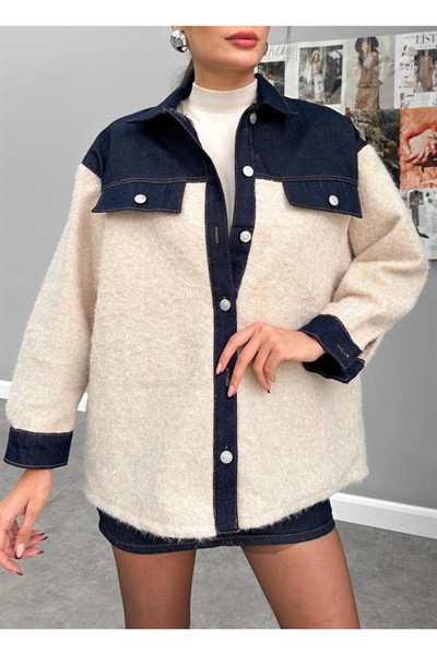 Kadın Koyu Lacivert Denim Detaylı Düğmeli Yaka %100 Pamuk Buklet Ceket