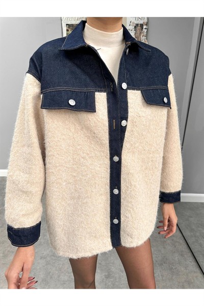 Kadın Koyu Lacivert Denim Detaylı Düğmeli Yaka %100 Pamuk Buklet Ceket