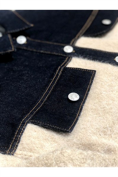 Kadın Koyu Lacivert Denim Detaylı Düğmeli Yaka %100 Pamuk Buklet Ceket