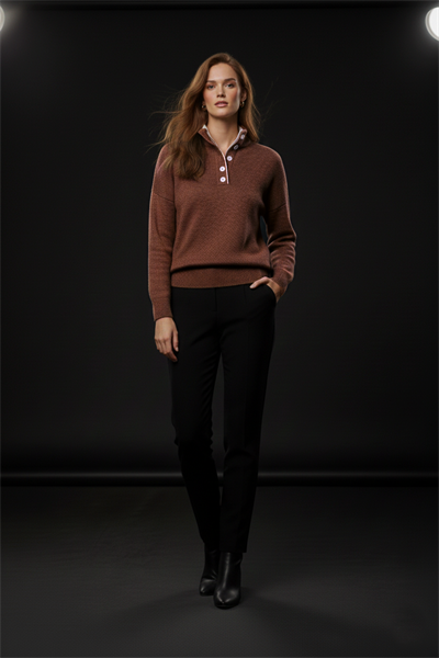 Kadın Koyu Tarçın-Krem Oversize 2 Patlı Düğmeli Kazak