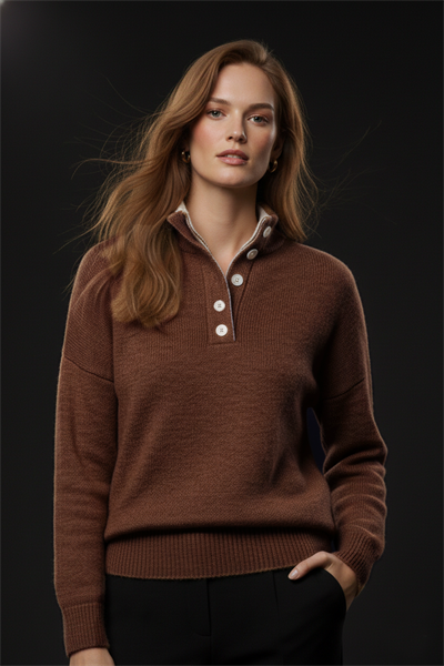 Kadın Koyu Tarçın-Krem Oversize 2 Patlı Düğmeli Kazak