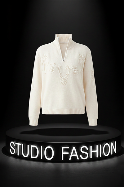 Kadın Krem Fermuarlı Suzuneli Kazak