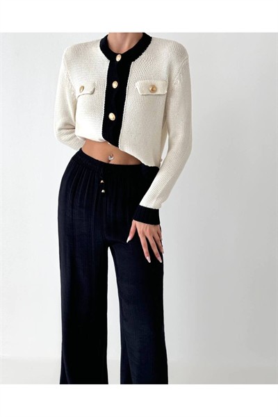 Kadın Krem Marka Muadil Siyah Biyeli Hırka