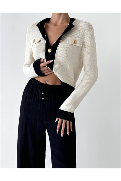 Kadın Krem Marka Muadil Siyah Biyeli Hırka