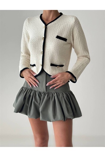 Kadın Krem Marka Muadil Siyah Biyeli Hırka