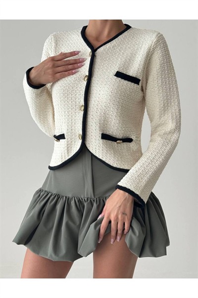 Kadın Krem Marka Muadil Siyah Biyeli Hırka