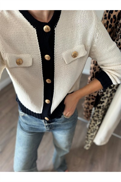 Kadın Krem Marka Muadil Siyah Biyeli Hırka