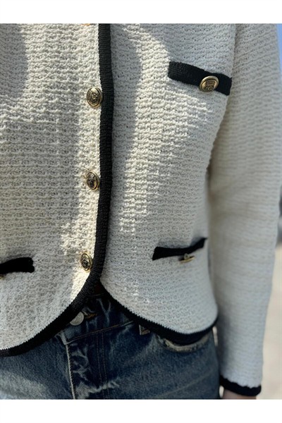 Kadın Krem Marka Muadil Siyah Biyeli Hırka