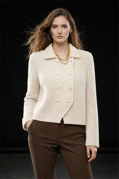 Kadın Krem Polo Yaka Düğmeli Çift Kapamalı Triko Hırka