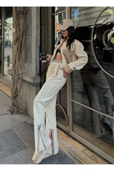Kadın Krem Premium Deri Cep Detaylı Fermuarlı Uzun Kol Tasarım Takım