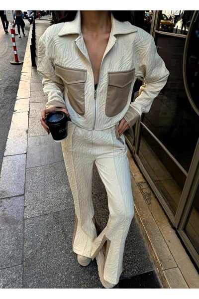 Kadın Krem Premium Deri Cep Detaylı Fermuarlı Uzun Kol Tasarım Takım