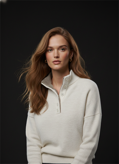 Kadın Krem-Vizon Oversize 2 Patlı Düğmeli Kazak