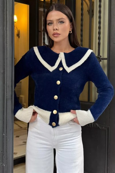 Kadın Lacivert Bebe Yaka Yumoş İplik Triko Ceket
