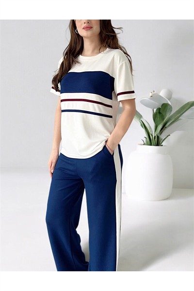 Kadın Lacivert-Bordo Şeritli Premium Modal Kumaş Kısa Kol Eşofman Takımı