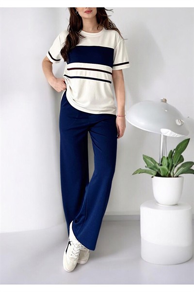 Kadın Lacivert-Bordo Şeritli Premium Modal Kumaş Kısa Kol Eşofman Takımı