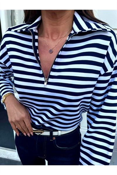 Kadın Lacivert Çizgili Polo Yaka İnce Fermuarlı Sweatshirt