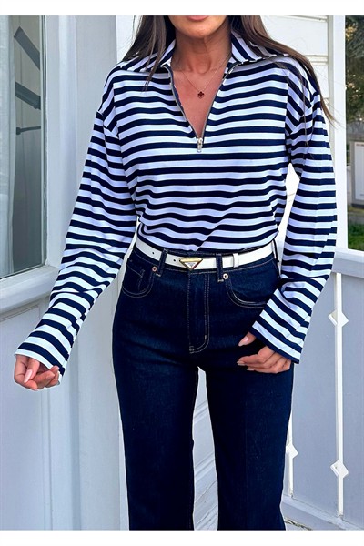 Kadın Lacivert Çizgili Polo Yaka İnce Fermuarlı Sweatshirt