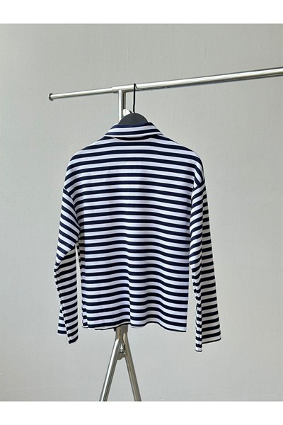 Kadın Lacivert Çizgili Polo Yaka İnce Fermuarlı Sweatshirt