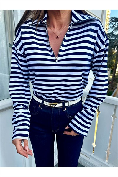 Kadın Lacivert Çizgili Polo Yaka İnce Fermuarlı Sweatshirt