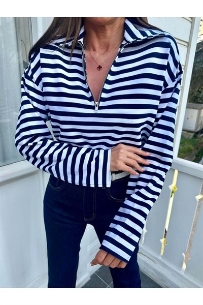 Kadın Lacivert Çizgili Polo Yaka İnce Fermuarlı Sweatshirt