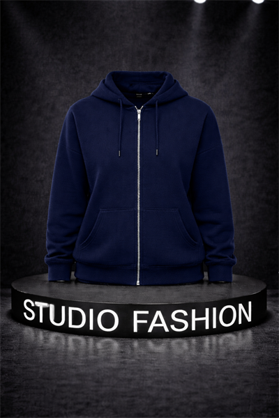 Kadın Lacivert Oversize Salaş Şardonlu Pamuk 3 İplik Penye Kapüşonlu Kanguru Cepli Sweatshirt