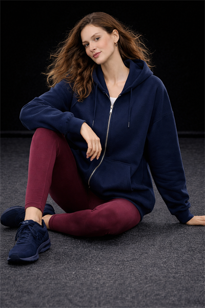 Kadın Lacivert Oversize Salaş Şardonlu Pamuk 3 İplik Penye Kapüşonlu Kanguru Cepli Sweatshirt